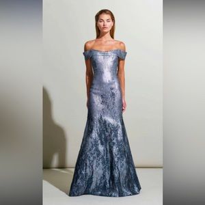 Rene Ruiz Off Shoulder Draped Slate Evening Gown